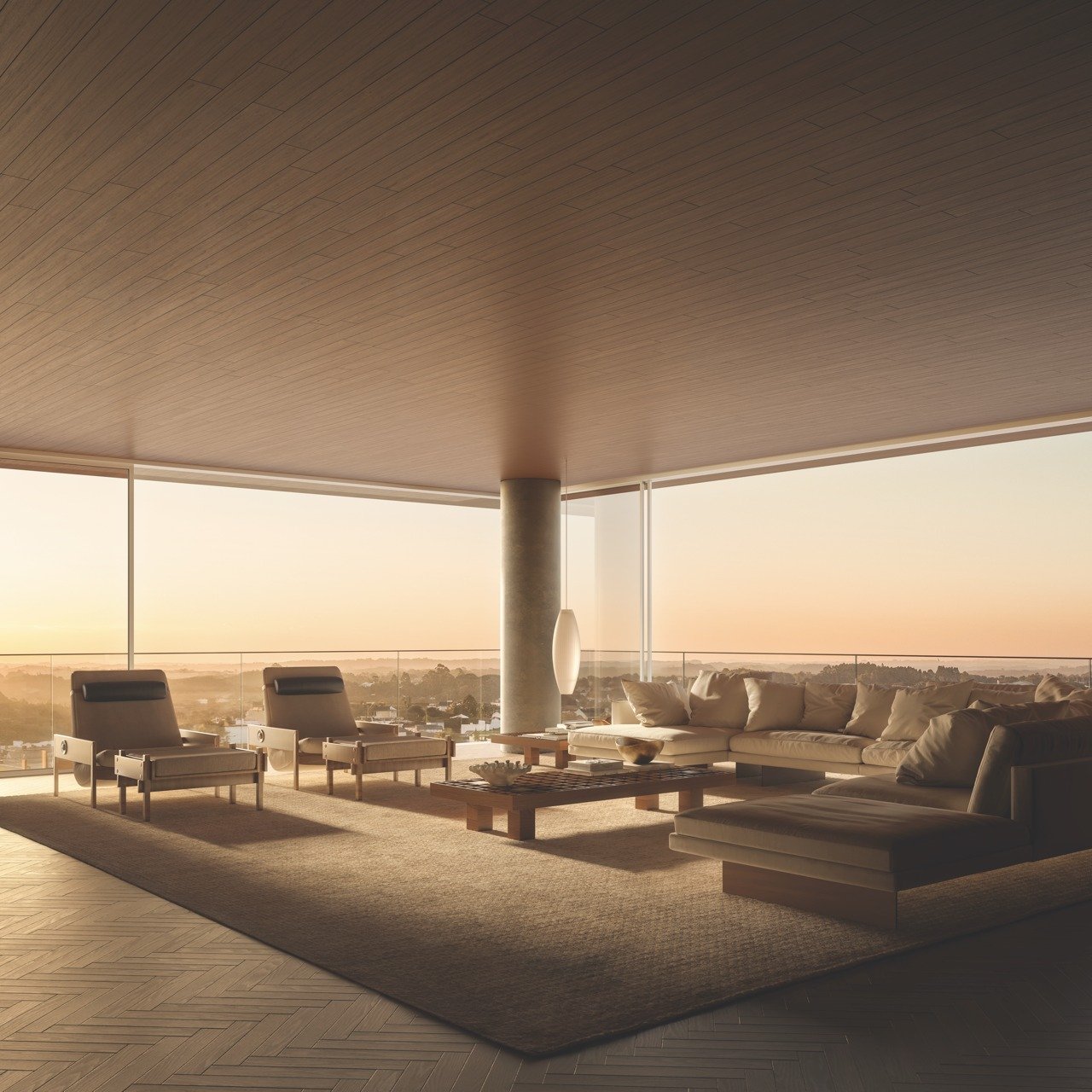 Living de apartamento Alba com vista panorâmica de Farroupilha ao amanhecer