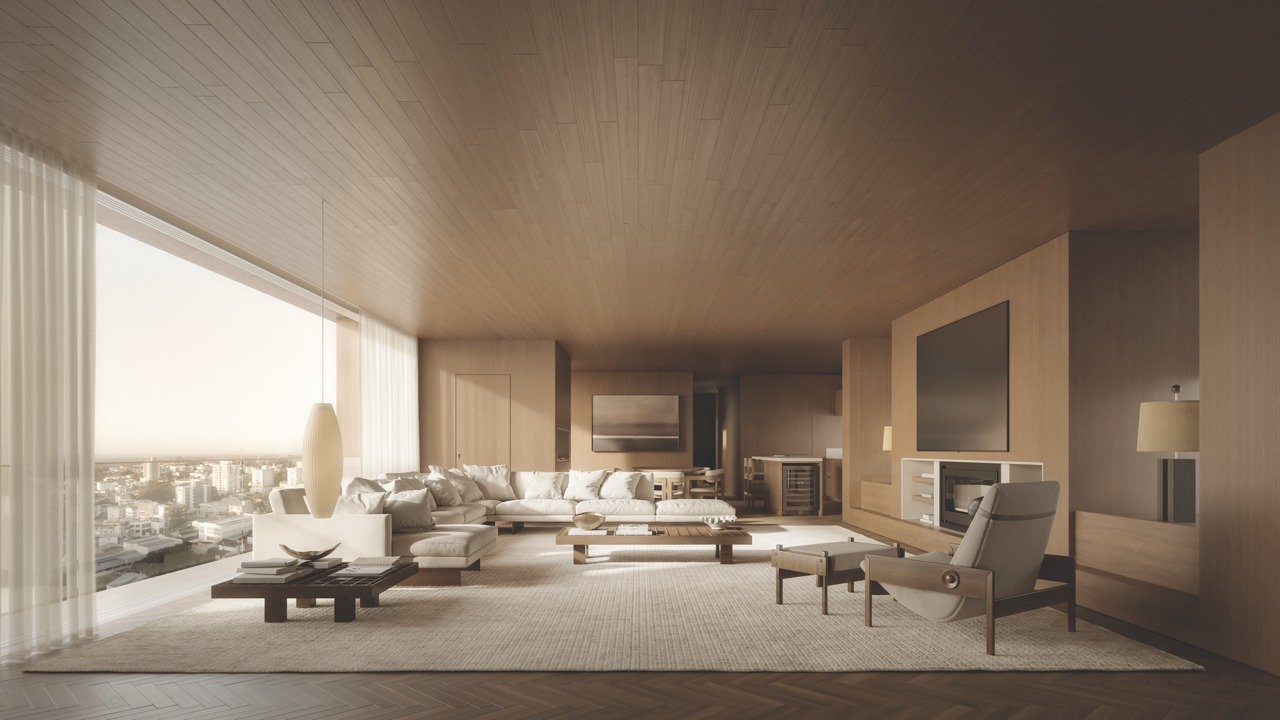 Living amplo de apartamento Alba com lareira e vista